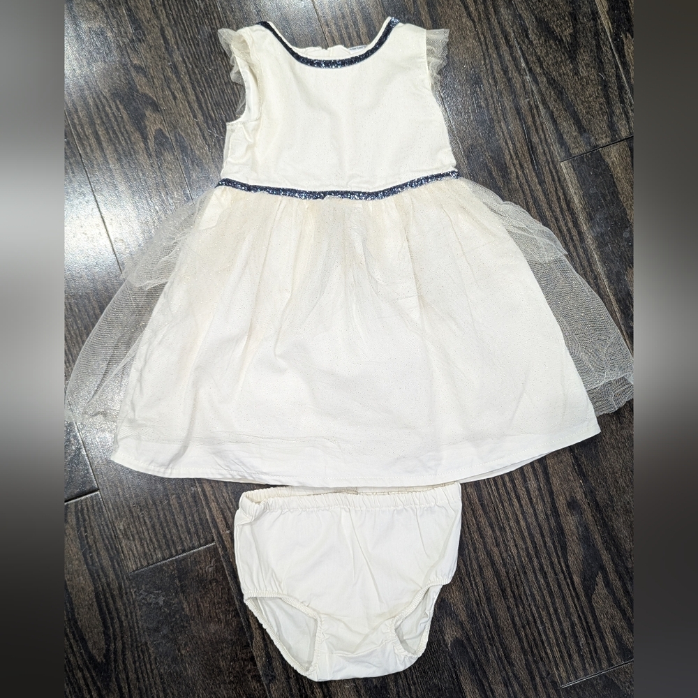 2/$20 Carter’s Baby Girl Dress 18M Cream Tulle Diaper Cover Navy Glitter Trim